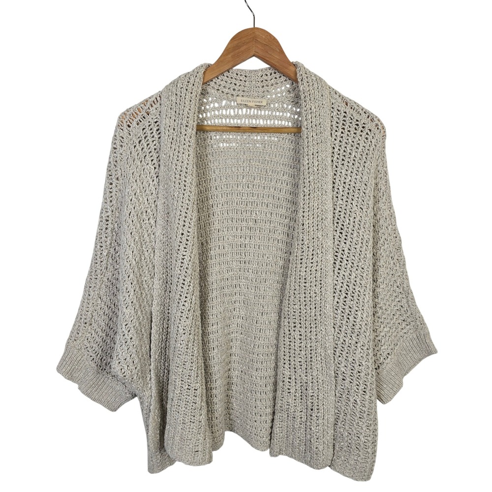 Eileen Fisher XL Beige Cotton Linen Open Knit Batwing Cardigan Italian Yarn